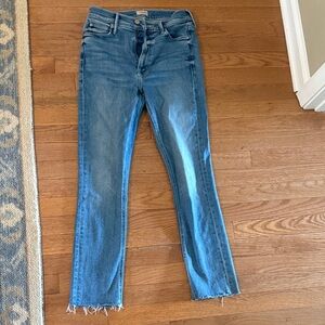 MOTHER Straight Leg Blue Jeans with Frayed Hem